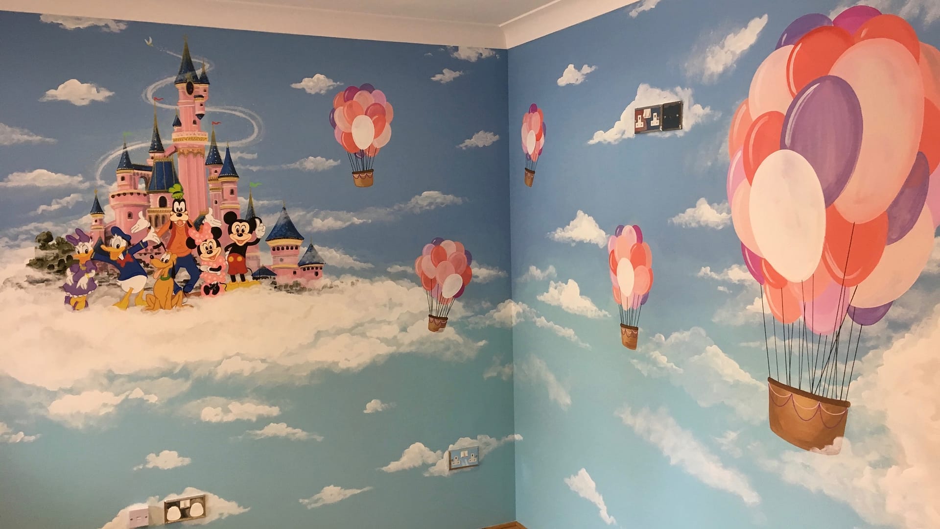Disney Castle mural, Mickey Mouse and friends, Clouds, Play room Mural, disney wall murals